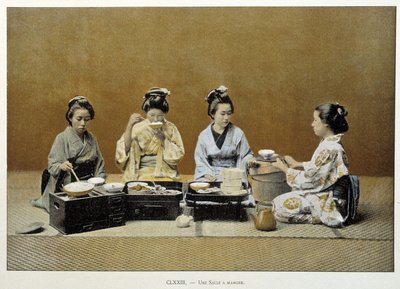 En matsal i Japan: kvinnor som äter ris med pinnar och en av dem serverar te - n.d. sent 1800-tal av Unknown artist