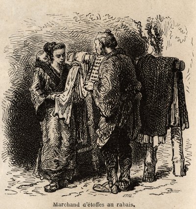 En tyghandlare gör artikeln till en ung kvinna som bär sitt barn på ryggen. Gravyr för att illustrera resan till Japan, av Aime Humbert, minister för Schweiziska edsförbundet, 1863-1864, publicerad i "" le tour du monde", under regi av Unknown artist