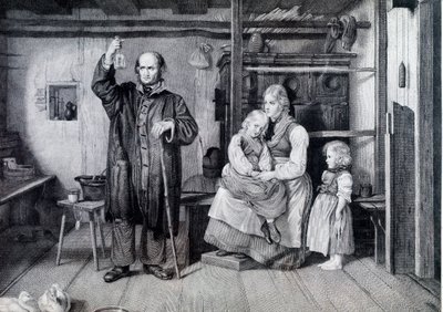 En läkare undersöker en flaska, förmodligen en urinflaska, under ett besök hos en mamma och hennes två barn som lever i fattigdom (gravyr) av Unknown artist