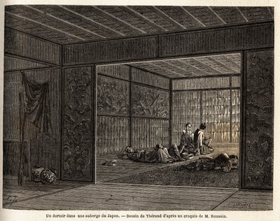 En sovsal på ett värdshus i Japan. Gravyr för att illustrera resan till Japan 1863-1864, av Aime Humbert, minister för Schweiziska edsförbundet, i "Le tour du monde, nouveau journal des voyages", publicerad under ledning av Edouard Charton av Unknown artist