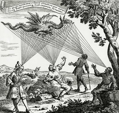 En drake sedd från olika synvinklar, baserad på en kopparstick av Zahns "Oculus artificialis teledioptricus". av Unknown artist