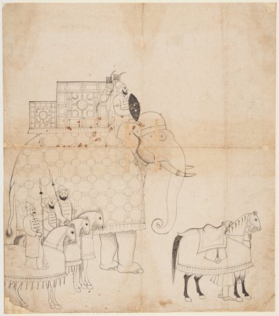 En teckning av Caparisoned Elephant and Horses av Unknown artist