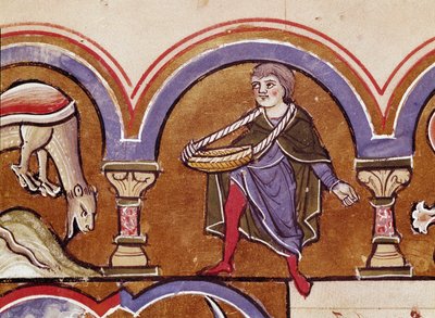 En bonde som sår säd Detalj av en manuskriptsida hämtad från "" The Psalter of Saint Elizabeth"" Cividale från 1200-talet, Museo Archeologico av Unknown artist