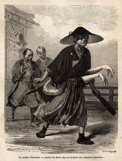 En fäktmästare, följt av två medhjälpare som bär hans material, mästaren glider sina vita handskar över ärmarna på sina svärd. Gravyr för att illustrera resan till Japan, 1863-1864, av Aime Humbert, minister för Schweiziska edsförbundet, i "" Le to av Unknown artist