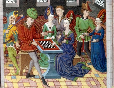 Ett parti schack mellan två hovmän i rummet på ett slott. Miniatyr hämtad från "" Alexander den stores historia"" (eller Alexander III av Makedonien (356-323 f.Kr.)) av Unknown artist