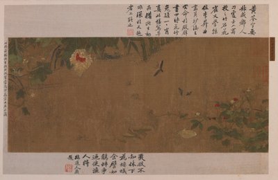 En trädgårdsdel: blommor, kämpande gräshoppor, myror och andra insekter av Unknown artist