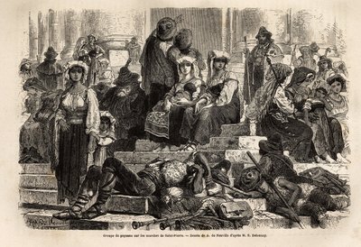 En grupp bönder och herdar samlas för att fira Stilla veckan på St Peters trappa i Vatikanen. Gravyr för att illustrera historien om Stilla veckan i Rom, 1863, av Ludovic Celler, i "Le tour du monde, nouveau journal des voyages"" av Unknown artist