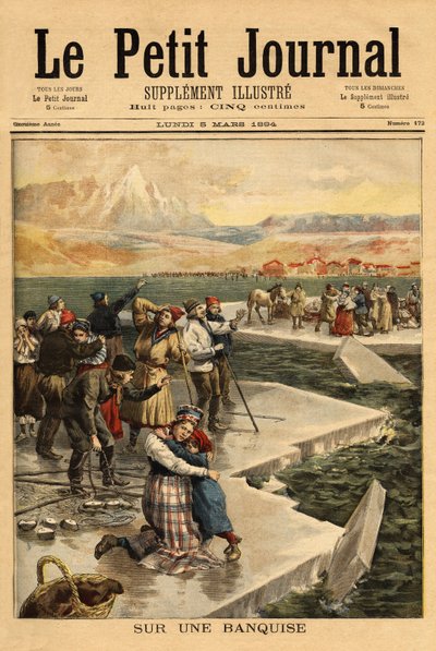 Ett stort isblock bryter från fastlandet vid Helsingfors (södra Finska viken) och tar över 500 personer och 20 hästar ut i öppet hav. Gravyr i "" Le petit journal"" 1894-03-05. Selvas samling. av Unknown artist