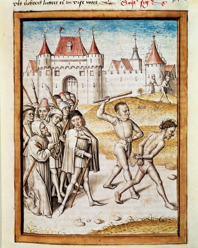En man leds till miniatyrplåga från en tysk översättning av Bidpais fabler "Kalila (Calila) och Dimna". (ms. 1389, fol. 16) omkring 1480 Chantilly, musee Conde av Unknown artist