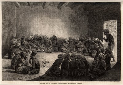 En måltid på Turkomans (Irak). Teckning av Emile Bayard (1837-1891), för att illustrera resan till Centralasien, 1863, av Arminius Vambery (ungersk vetenskapsman förklädd i dervisch). Gravyr i "" Le tour du monde"", redigerad av Edouard Charton av Unknown artist