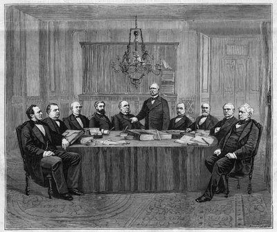 Ett möte i ministerrådet i Versailles. Från vänster till höger: Louis Buffet (1818-1898), inrikesminister; Leon Say (1826-1896), finansminister; Henri Wallon (1812-1904), minister för offentlig undervisning, gudstjänst och konst; Alfred av Unknown artist
