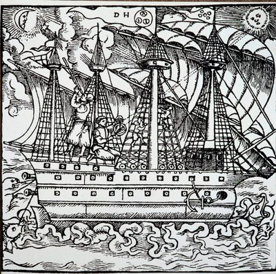En navigator på en portugisisk karavel som använder en astrolabium. Gravyr från den tyske sjöfararen Hans Stadens (1525-1579) reseberättelser. av Unknown artist