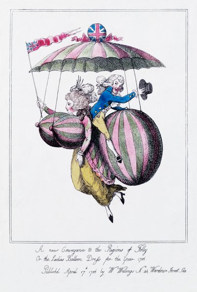 "En ny färdtjänst i dårskapens regioner, eller damernas ballongklänning för år 1786" av Unknown artist