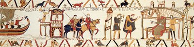 En scen från Bayeuxtapeten som visar kung Edward som pratar med Harold av Unknown artist