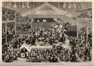 En scen av den japanska teatern, i Yokohama, med tre gallerier för mottagande av åskådare; skådespelarna spelar på en hög scen, var och en ackompanjerad av en man som håller i en lång pinne i vars ände ett ljus hålls; under föreställningen är det inte unco av Unknown artist
