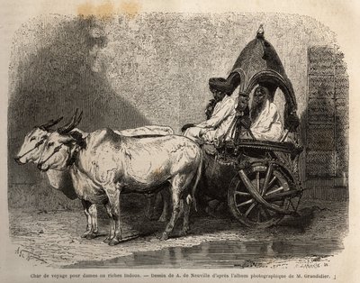 En resetank som avfyras av två vita oxar, för damer eller rika hinduer. Gravyr för att illustrera resan i Indiens meridionalprovinser, av Alfred Grandidier, 1862-1864, publicerad i "" le tour du monde", under ledning av D