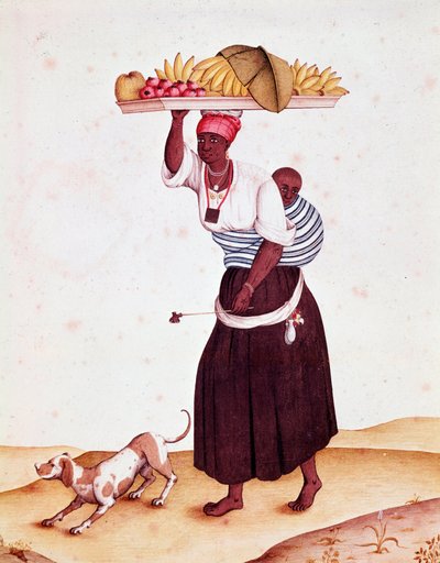 En resande frukthandlare i Bresilian, hon bär sitt barn bakom ryggen. Akvarell av 1700-talet. Rio de Janeiro, Nationalbiblioteket av Unknown artist
