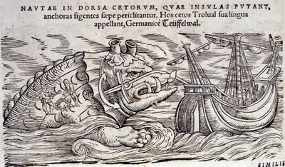 En val som förväxlas med en ö. Två personer tänder en eld på baksidan av ett marint monster. Gravyr och Historia Animalium av Conrad Gessner (1516-1565), Tiguri av Unknown artist