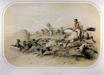 En vargjakt. 1800-talsgravyr. av Unknown artist