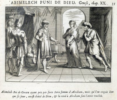Abimelek ger Sara till Abraham - Bibel, gravyr av Unknown artist