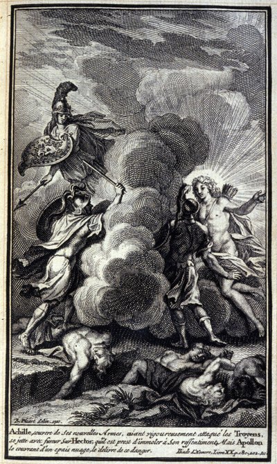 Achilles, täckt med sina nya vapen, efter att ha angripit trojanerna rigoröst, kastade han sig med raseri över Hector, som han var redo att slakta till sin förbittring, men Apollon täckte honom med ett tjockt moln för att befria denna fara. Illustration av av Unknown artist