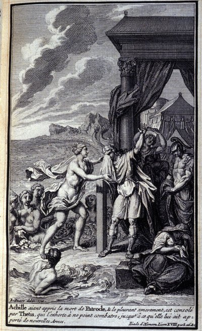 Achilles, som har hört talas om Patrokles död och gråtit honom bittert, tröstas av Thetis, som uppmanade honom att inte slåss, tills hon förde honom nya vapen." Illustration av bok XVIII av Iliaden av Homere, fransk upplaga av Unknown artist