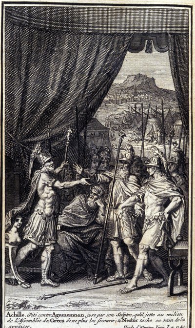 Akilles, irriterad mot Agamemnon, svär vid sin spira att han kastar mitt i grekernas församling för att inte hjälpa dem; och Nestor fläckar förgäves för att blidka dem. Illustration av bok I av Iliaden av Homere, fransk upplaga av Unknown artist