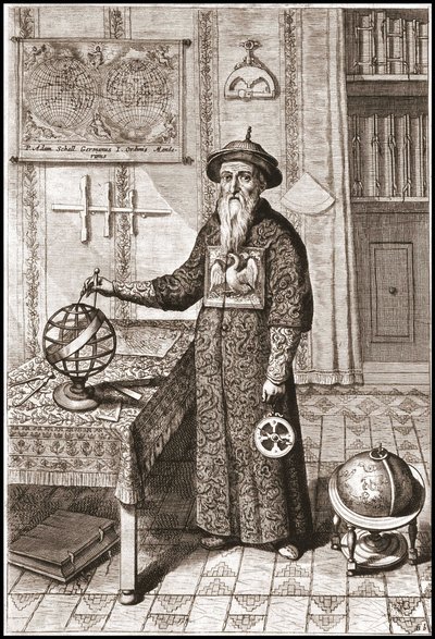 Adam Schall, astronom (1592-1666) i mandarin-dräkt, med jord- och himmelsklot och astrolabium - i "Kina" av Athanase Kircher (eller Athanasius Kircheri) av Unknown artist