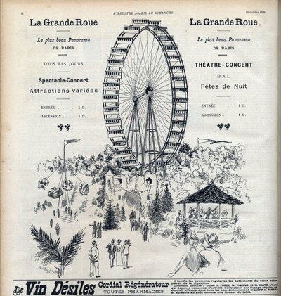 Reklam för pariserhjulet i Paris som erbjuder stadens vackraste panorama för 1 franc. Gravyr i "" Le sun-du-dimanche"" av Unknown artist