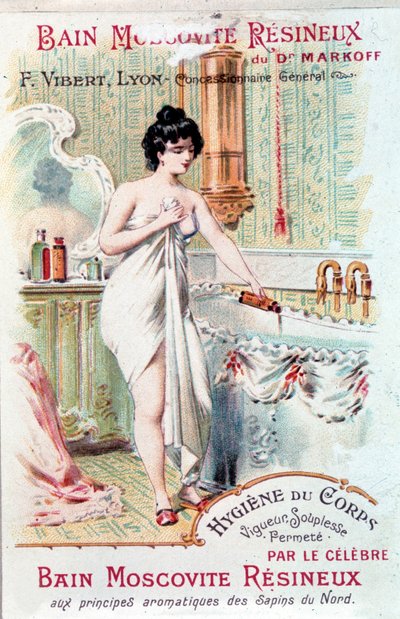 Reklam för Muscovite Resineux-badet, för kroppens hygien: en ung kvinna hällde en badolja i sitt badkar. 1890. av Unknown artist