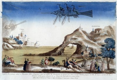 Aerostatisk fisk uppfödd i Plazentia, Spanien, regisserad av Dom Joseph Patinho, som flyger till staden Coria på stranden av Arragonfloden (12 ligor från Plazentia) den 10 mars av Unknown artist