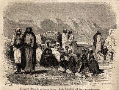Afghanska Montagnards nära Sarwar. Gravyr för att illustrera resan till Panjab och Kashmir, berättelse av Guillaume Lejean, 1866, publicerad i "Le tour du monde, nouveau journal des voyages", under ledning av Edouard Charton av Unknown artist