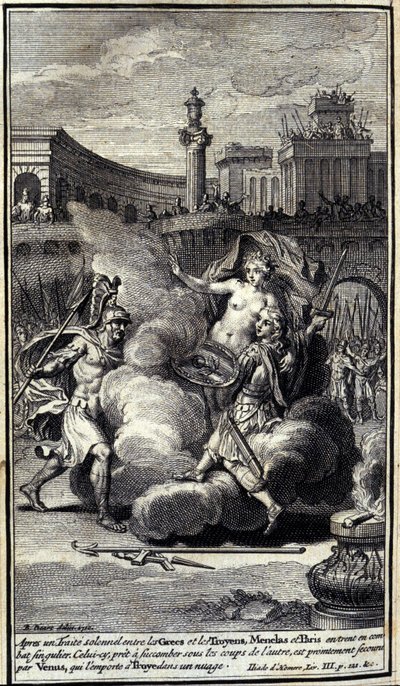 Efter en högtidlig överenskommelse mellan grekerna och trojanerna inledde Menelas och Paris en enastående strid. Den här, redo att ge efter under den andras slag, räddas av Venus som vinner Troyes i ett moln. Illustration av bok III av Iliaden av hemmet av Unknown artist