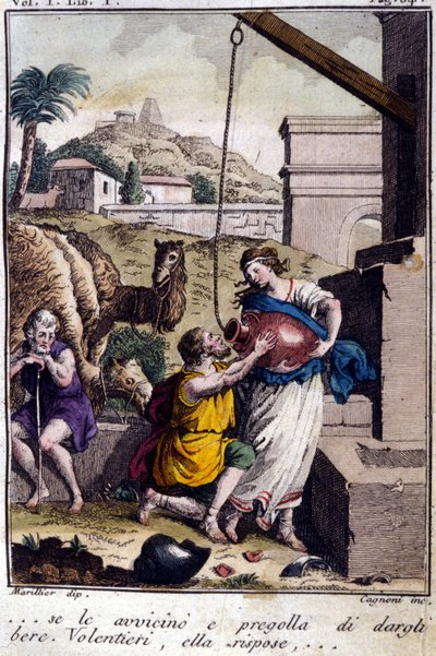 Agar till brunnen: Jag går fram till henne och ber henne ge en drink. Hon ska svara... Gravyr från början av 1800-talet. av Unknown artist