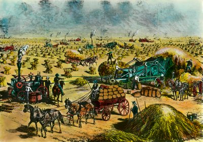 Jordbruksrevolution: skörda vete i Dakota med ångmaskiner på 1800-talet. Gravyr av 1800-talet. Paris, Dekorativ konst av Unknown artist