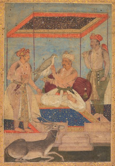 Akbar och Jahangir undersöker en Ghir-falk medan prins Khusrau står bakom av Unknown artist