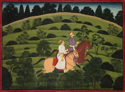 Akrura rider mot Dwarka, sida från den stora Basohli Bhagavata Purana av Unknown artist