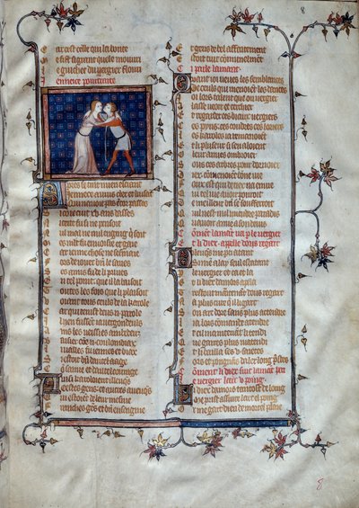 Allegory of Youth Miniature in "" Roman de la rose"" av Jean de Meun, Jean de Meung eller Jean Chopinel, Jean Clopinel (ca 1240-1305), cirka 1370. Paris, Bibliotheque Sainte Genevieve av Unknown artist