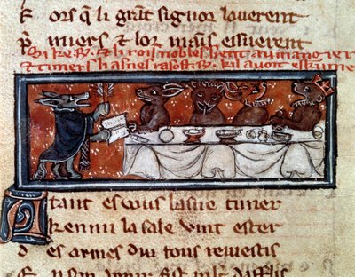 Allegori om medeltidens samhälle: "Vid den ädle kungens bord"". Djur i mänsklig ställning som skildrar en bankettscen med en kung och hans hovmän. Miniatyr från manuskriptet "The Roman De Renart Le Nouvel" av Jacquemart Gielee av Unknown artist