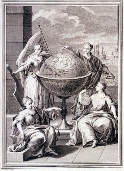 Allegory of the Exploration of the World - i "" Historical Journey of South America gjord av Order of the King of Spain", av Don Georges Juan och Don Antoine de Ulloa, Librairie du Roi, Paris av Unknown artist