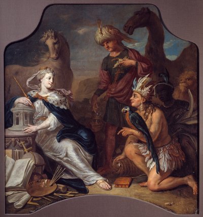 Allegori om de fyra kontinenterna Europa till vänster, som upptäcker arv, kultur och konst, möter Amerika, Asien och Afrika (i skuggorna), och hyllar det. Målning av den anonyma skolan. 1700-talet. La Rochelle, New World Museum av Unknown artist