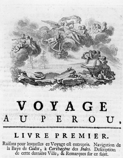 Allegori om "" Resan till Peru "". Illustration i "" Historical Journey of America Meridionale utförd på order av kungen av Spanien"", av Don Georges Juan och Don Antoine de Ulloa, Librairie du Roi, Paris av Unknown artist