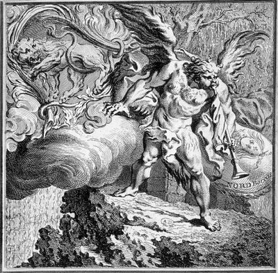 Allegori över nordanvinden. 1700-talsgravyr. av Unknown artist