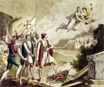 Allegori om återuppvaknandet av den nationalistiska känslan av Grekland under ottomansk dominans som ledde till det grekiska frihetskriget (1821-1830) eller den grekiska revolutionen. av Unknown artist