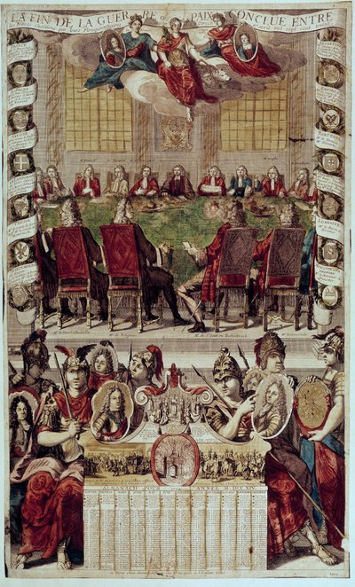 Almanach: representation av Utrechtfördraget som avslutar det spanska tronföljdskriget undertecknat i Frankrike (kardinal av Polignac) och England den 11 april 1713. 1714. Paris, B.N. av Unknown artist