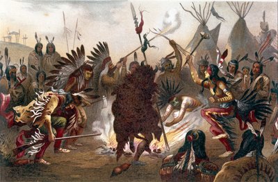 American Indian Ritual (Southern Dakota Plains Indians): Sioux War Dance. kromolitografi från ""The human race"" av Ratzel, cirka 1890 av Unknown artist