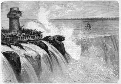 Amerikanska Jenkins korsade Niagarafallen på en Velociped 1869. av Unknown artist