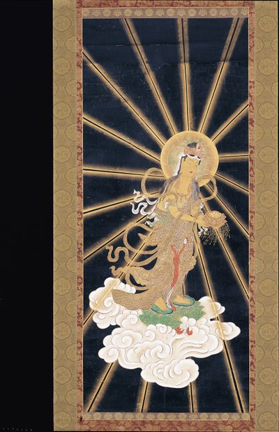 Amitabha (Amida) Triad Descending From Heaven (pigment på konshi (blått rispapper)) av Unknown artist