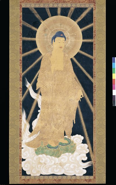 Amitabha (Amida) Triad Descending From Heaven (pigment på konshi (blått rispapper)) av Unknown artist