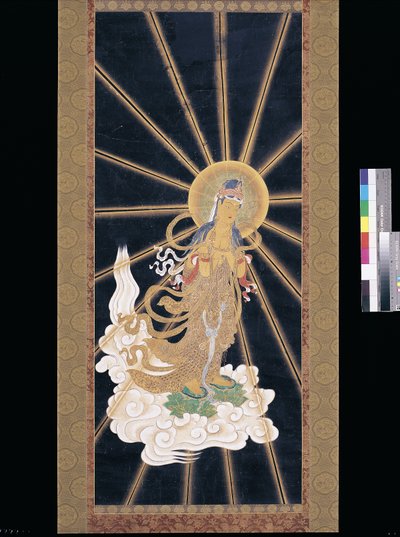 Amitabha (Amida) Triad Descending From Heaven (pigment på konshi (blått rispapper)) av Unknown artist